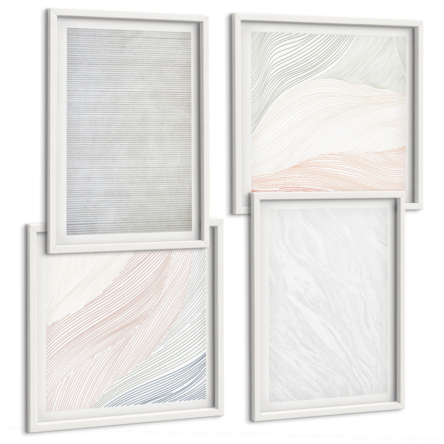 BILDER SET 4er Set - 50x50 cm & 40x60 cm Weißer Rahmen - Leuchtende Strukturen, Sandmuster - Weiß, Kunststoff (50/50cm) - TULUP
