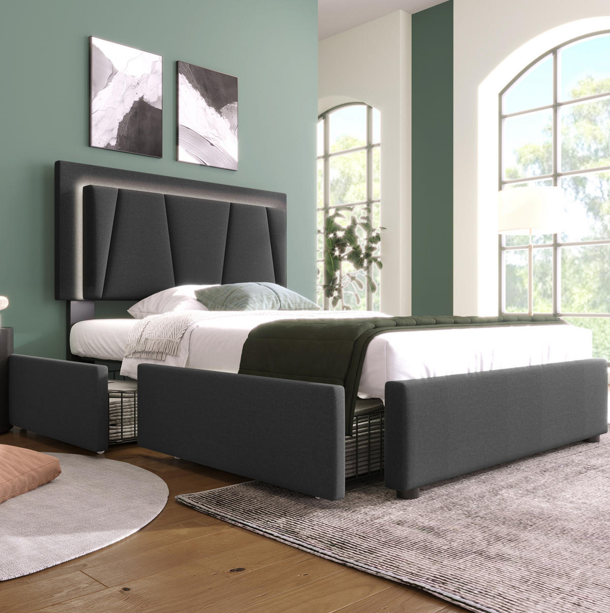 POLSTERBETT 90/200 cm grau mit LED-Beleuchtung und zwei Schubladen - Grau, Holz (90/200cm) - OKWISH