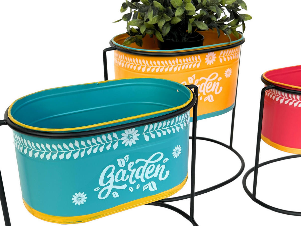 BLUMENHOCKER mit Topf Metall Stehend Mehrfarbig Oval 3er Set - Orange, Metall (30/24/21cm) - DanDiBo