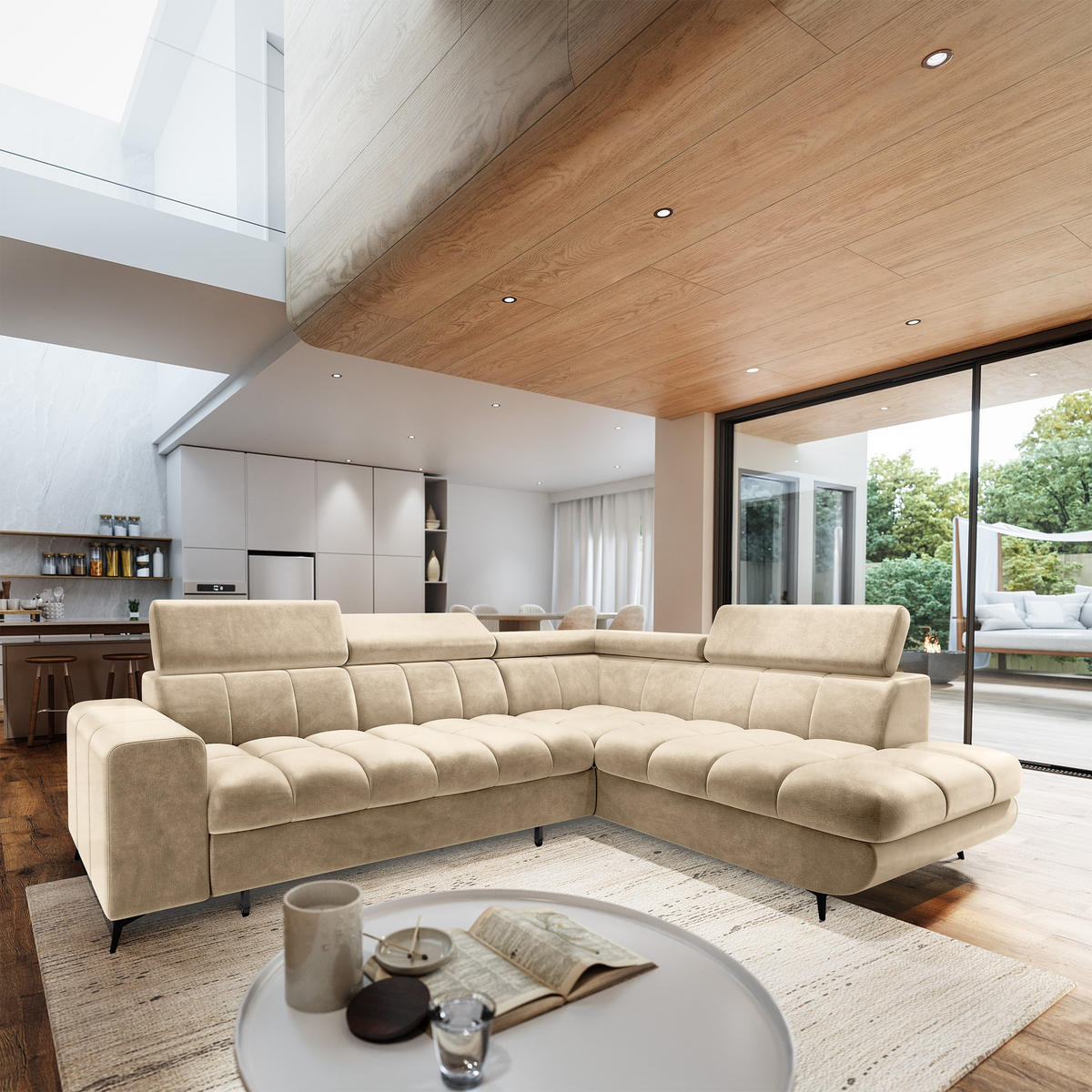 ECKSOFA MORIVA R-S Creme Velours-Stoff mit Schlaffunktion - Creme, Holz (253/190cm) - MASSENO