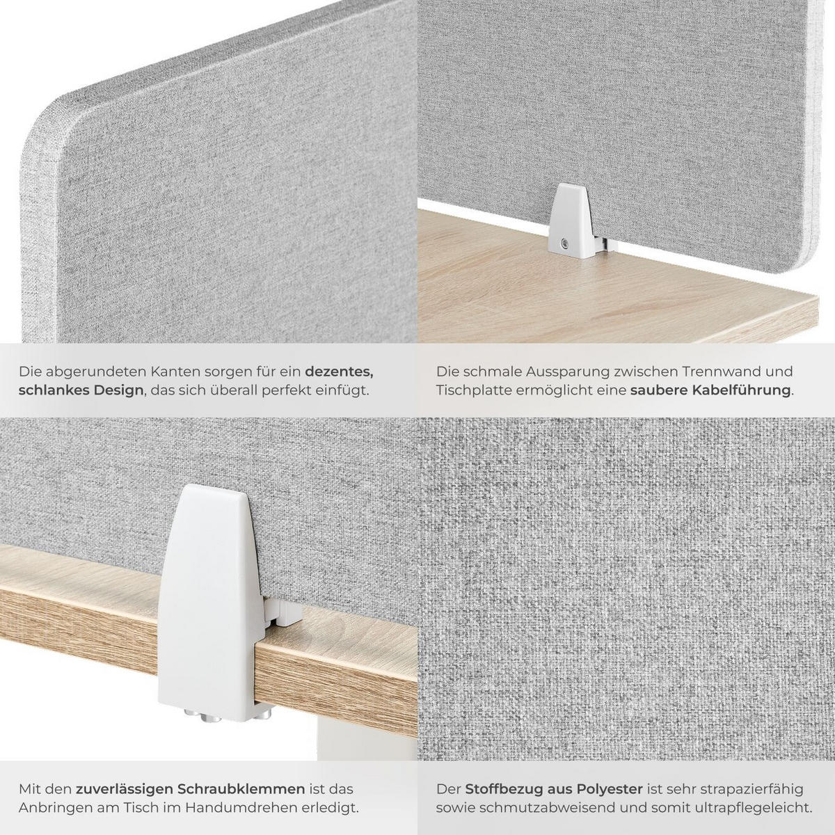TRENNWAND für Schreibtisch Noisy,inkl. 2 Befestigungsklemmen,grau - Grau, Kunststoff (2.2/160/40cm) - tectake