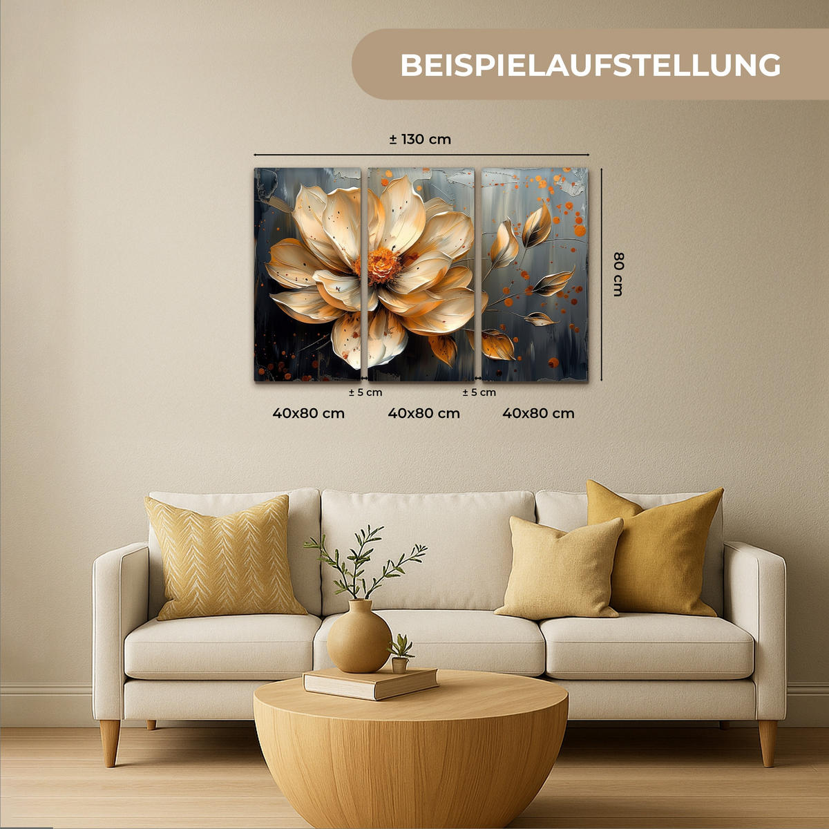 LEINWANDBILD 3er Set Blume - Gold - Abstrakt - Farbe 120x80 cm - Creme, Textil (120/80cm) - MuchoWow