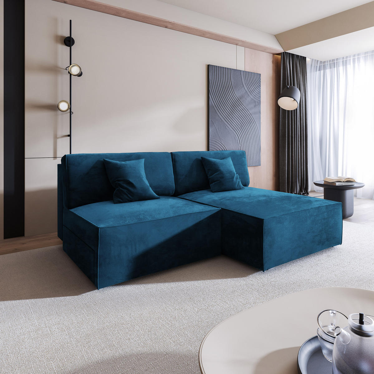 ECKSOFA FIORO M Blau Velours-Stoff mit Schlaffunktion - Blau/Grau, Holz/Kunststoff (204/148cm) - MASSENO