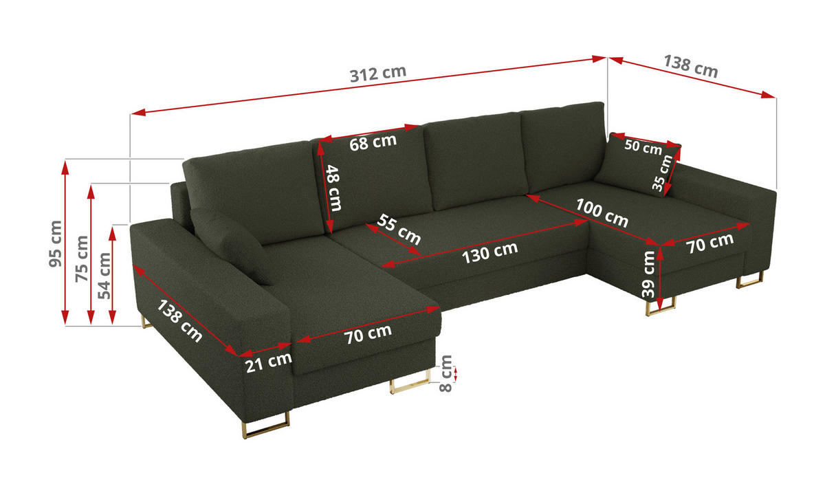 WOHNLANDSCHAFT DORIAN U Bouclé Grün - Goldfarben/Grün, Textil/Metall (312/95/138cm) - MKS