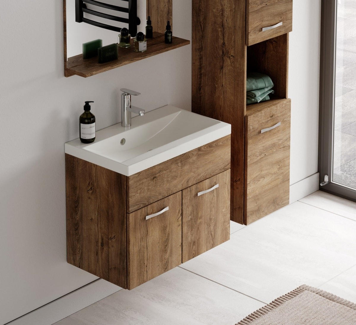 BADMÖBEL-SET Montreal 4 Teile Braun Eiche - 60 x 35 x 51 cm - Chromfarben/Braun, Holz/Metall (60/51/35cm) - Badplaats