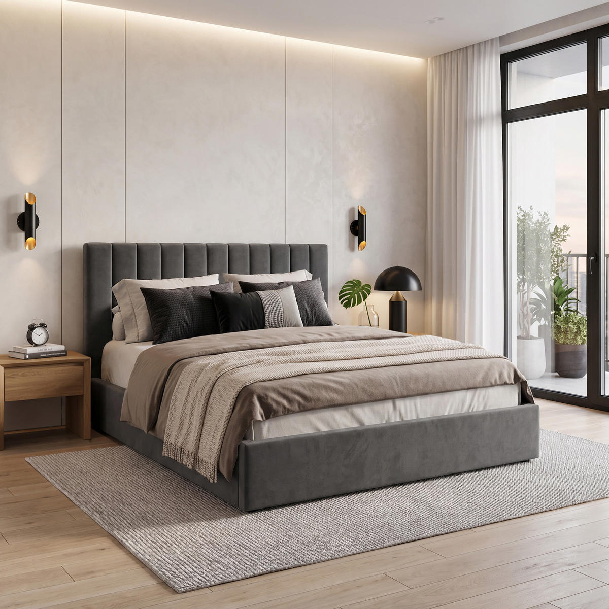 ČALOUNĚNÁ POSTEL Melvio, dvojlůžko 160 × 200 cm s úložným prostorem a taštičkovou matrací 26 cm, tmavě šedá - tmavě šedá, textil (160/200cm) - Beautysofa