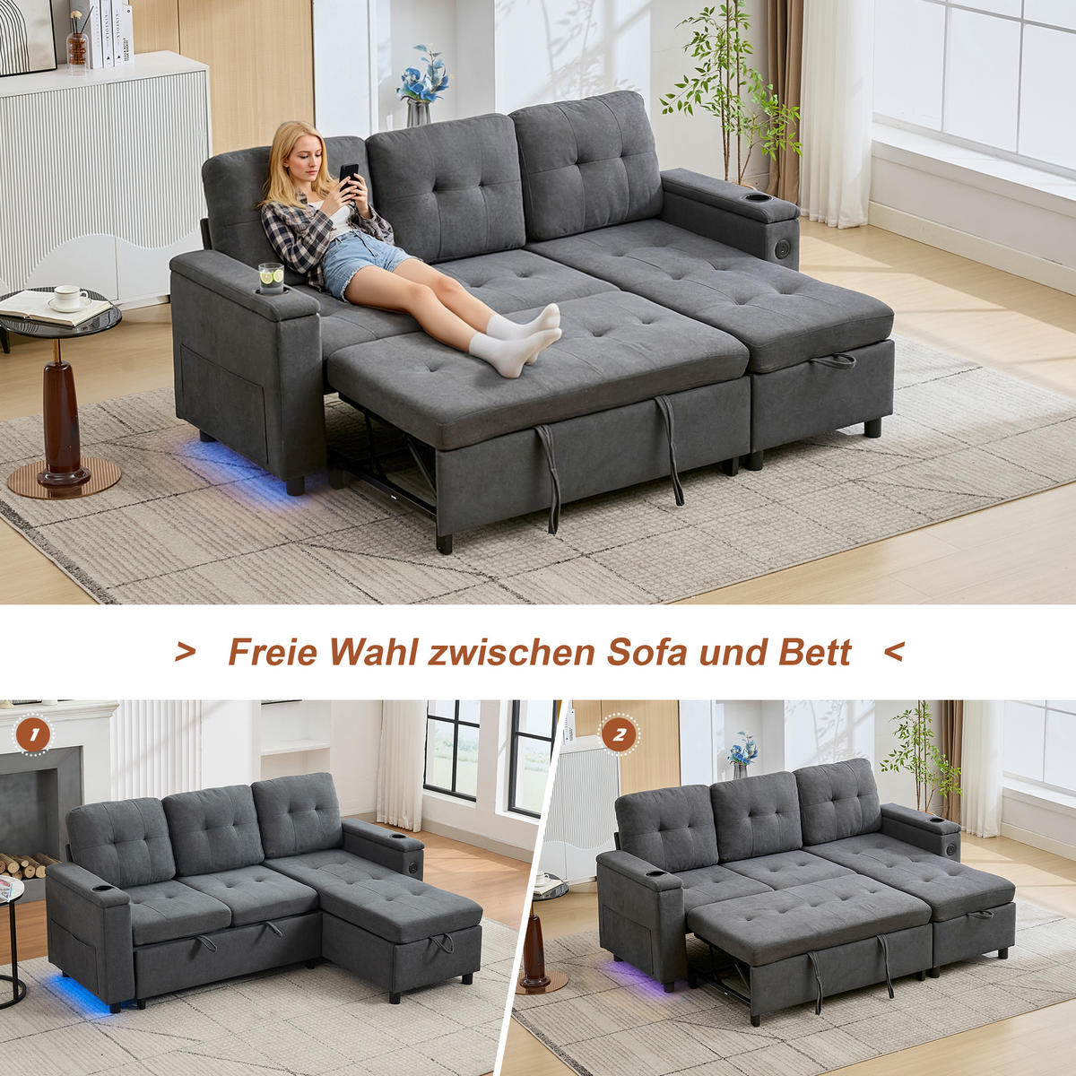 ECKSOFA L-Form Schlafsofa Stauraum LED 3-Sitzer Grau 208cm - Grau, Textil (208/146cm) - FLIEKS