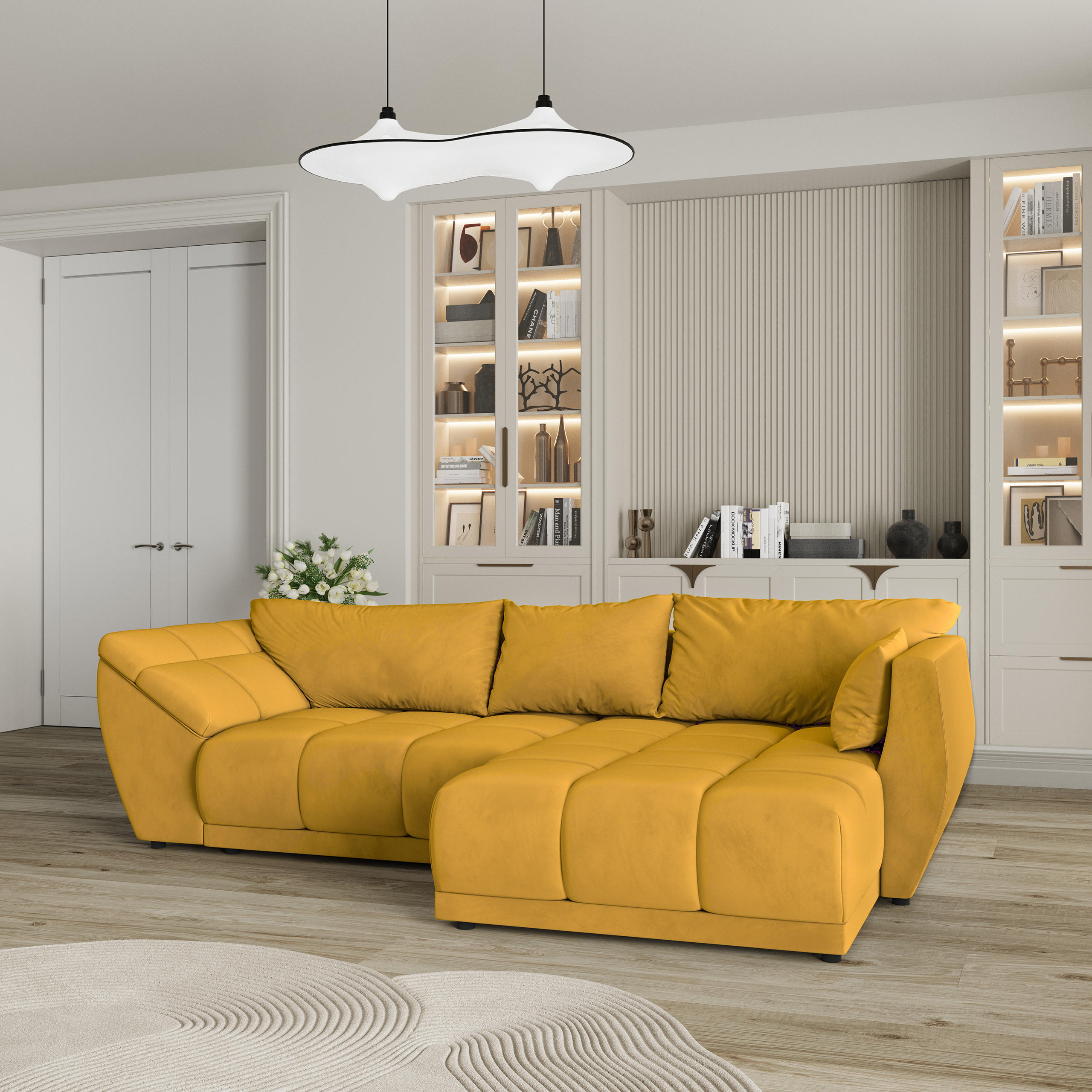 ECKSOFA ORENTI R-S Gelb Velours-Stoff mit Schlaffunktion - Gelb, Holz (287/182cm) - MASSENO
