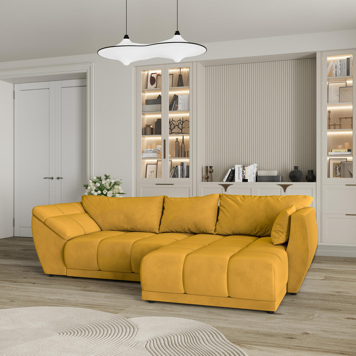 ECKSOFA ORENTI R-S Gelb Velours-Stoff mit Schlaffunktion - Gelb, Holz (287/182cm) - MASSENO