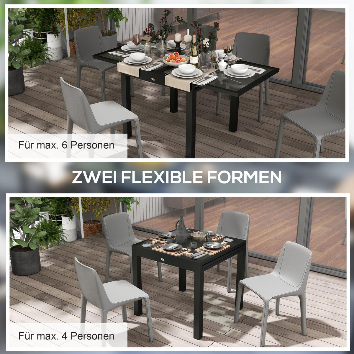 GARTENTISCH DE-07253 wetterbeständig mit Glasplatte Schwarz - Transparent, Glas/Metall (160/80/75cm) - ComfortXL