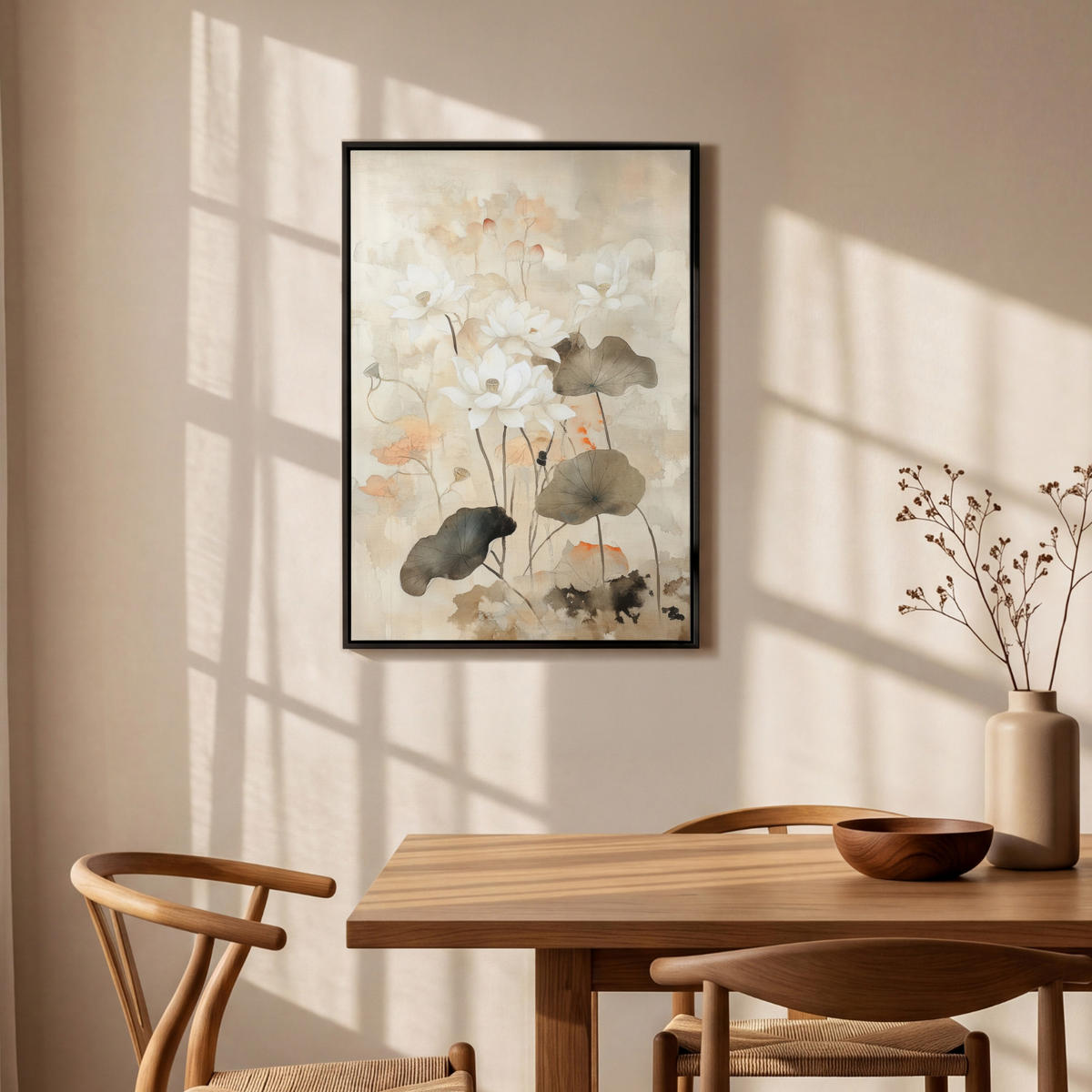 LEINWAND Bilder mit Rahmen - Blumen - Japandi - Wabi sabi - 60x90 - Sandfarben, Textil (60/90cm) - MuchoWow