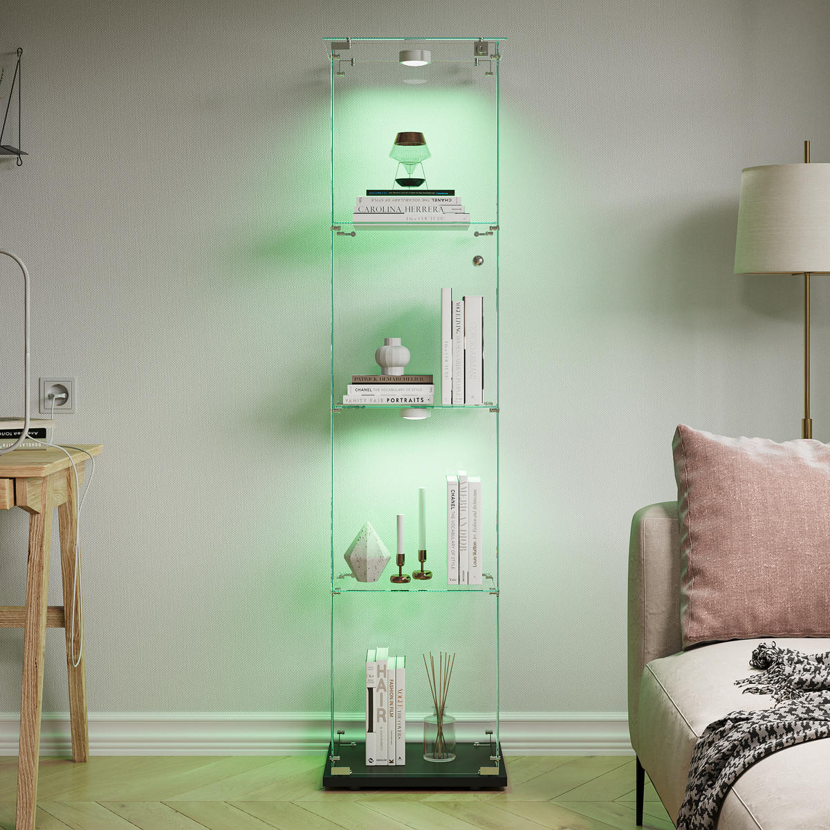 GLASVITRINE mit 4 Glasablagen, rahmenlose Doppeltüren mit Schloss, Touch-LED, in Schwarz - Schwarz, Glas (39.8/163/35cm) - BRILVERDE