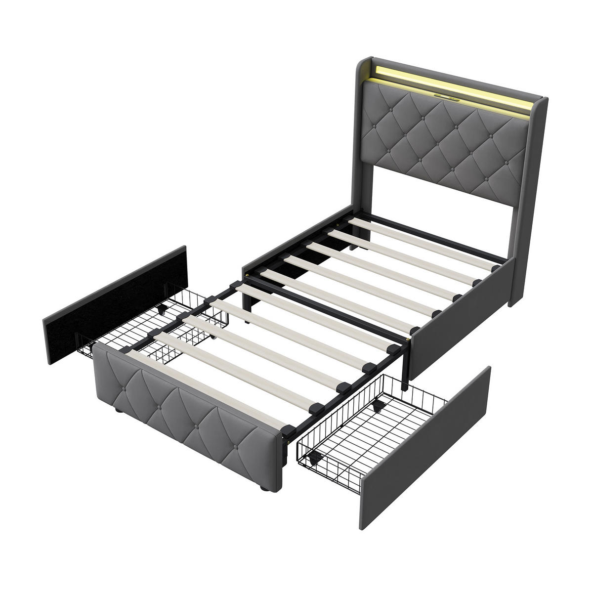 POLSTERBETT 90x200 cm LED USB 2 Schubladen Lattenrost grau - Grau, Holz (90/200cm) - LEBENLANG