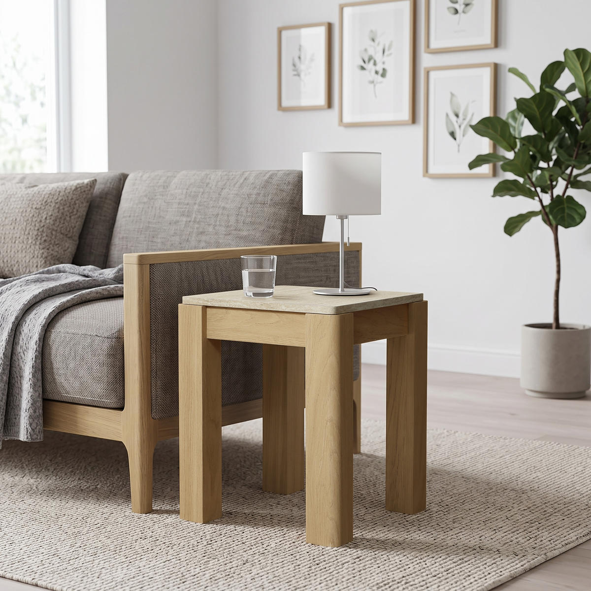 BEISTELLTISCH Holz mit Travertin-Optik 40 × 40 × 49 cm - Eichefarben, Holzwerkstoff (40/40/49cm) - Hometopia