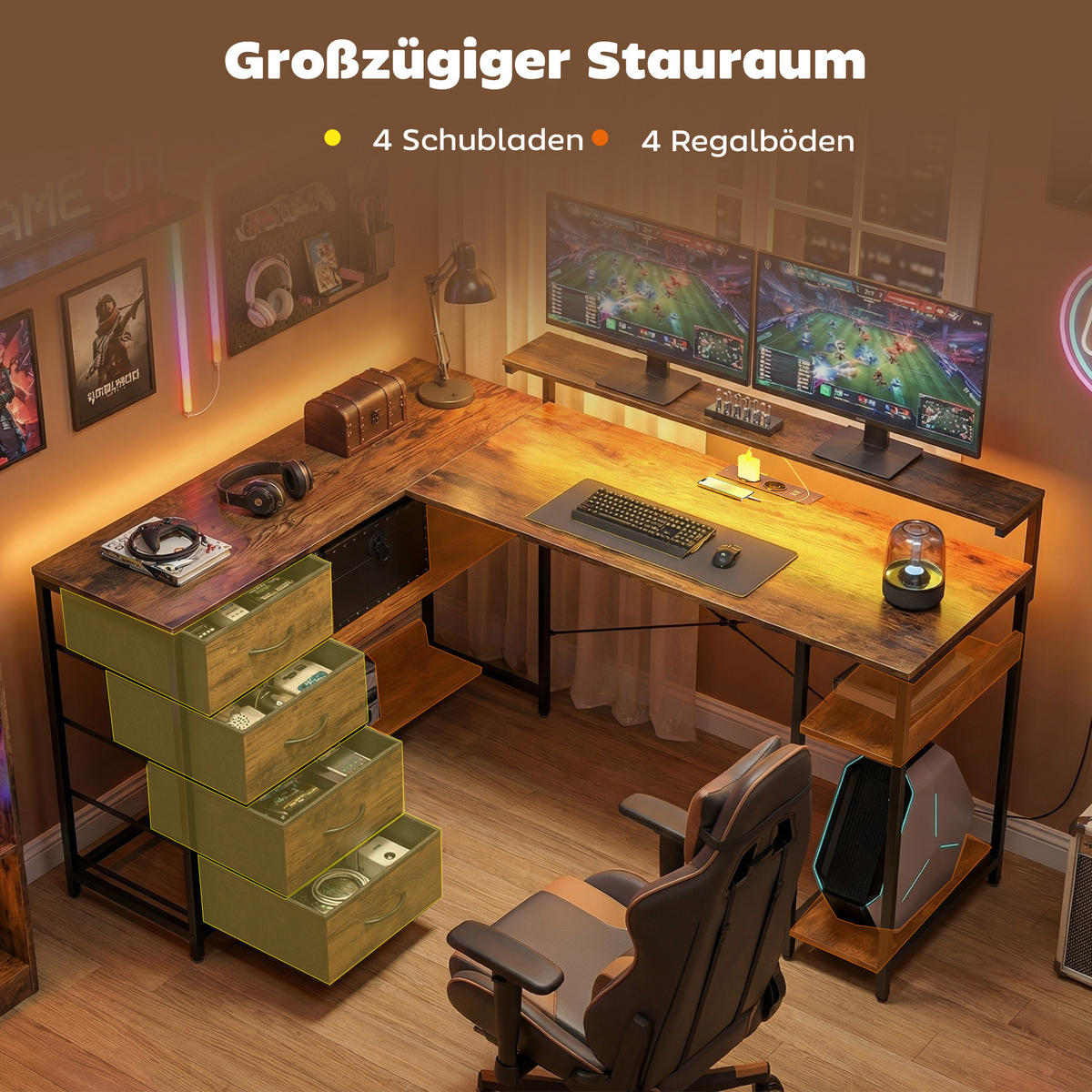 GAMING TISCH aus Spanplatte Stahl Rustikal-Braun - Schwarz/Braun, Holzwerkstoff/Textil (155/110/91.4cm) - HOMCOM