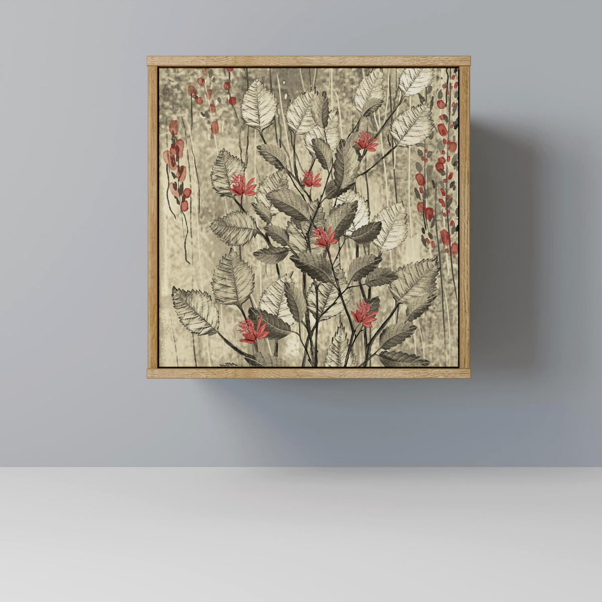 SIDEBOARD HERBAL GRACE, Eichefarben, 57,5x42x70,5 cm, Schwarze Metall-Sternfüße - Eichefarben/Multicolor, Holzwerkstoff/Metall (57.5/70.5/42cm) - SpaceRebels