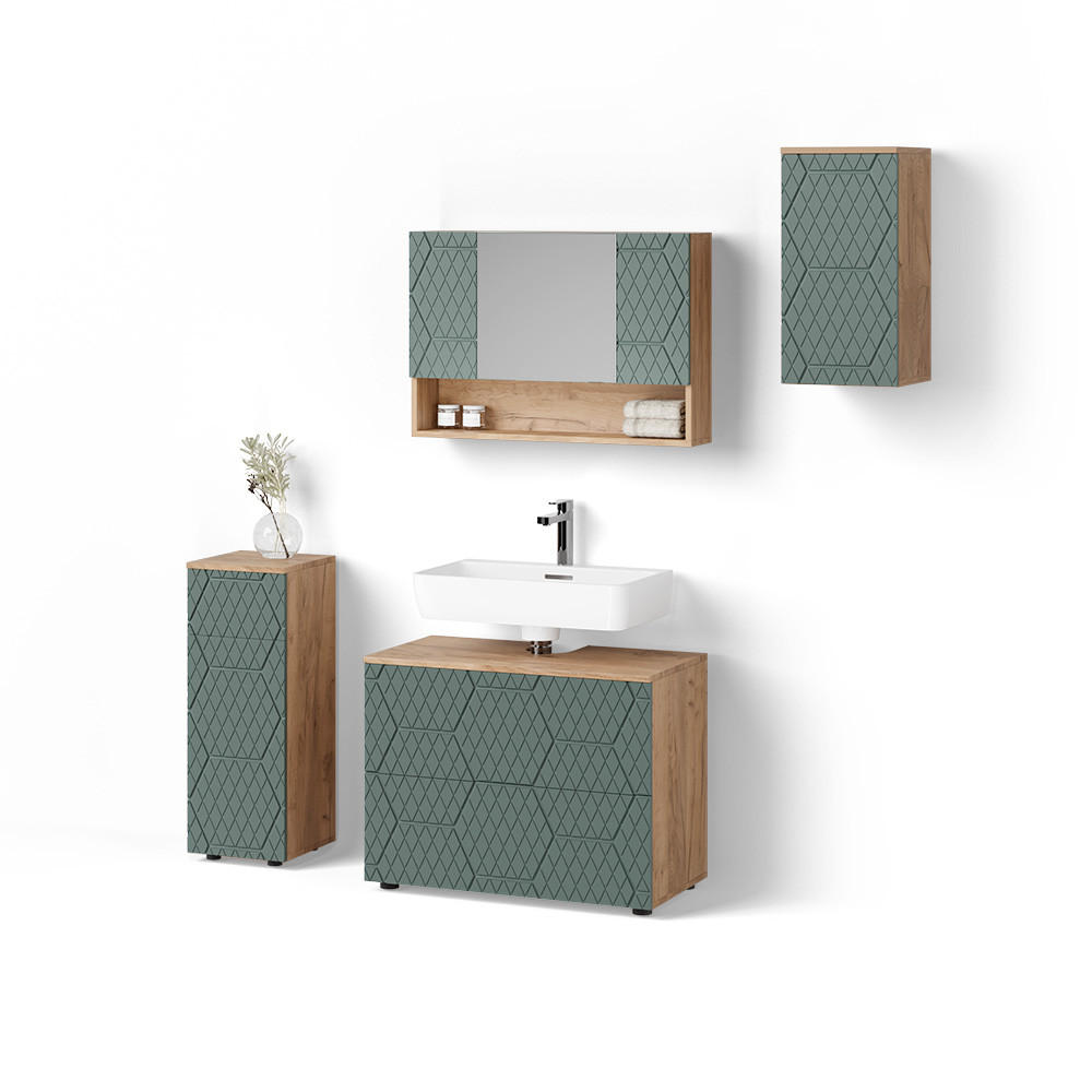 BADMÖBEL-SET Ronco Grün/Goldkraft Eiche 4 Teile - Eiche Wotan/Grün, Holzwerkstoff (80/58/41cm) - Livinity®