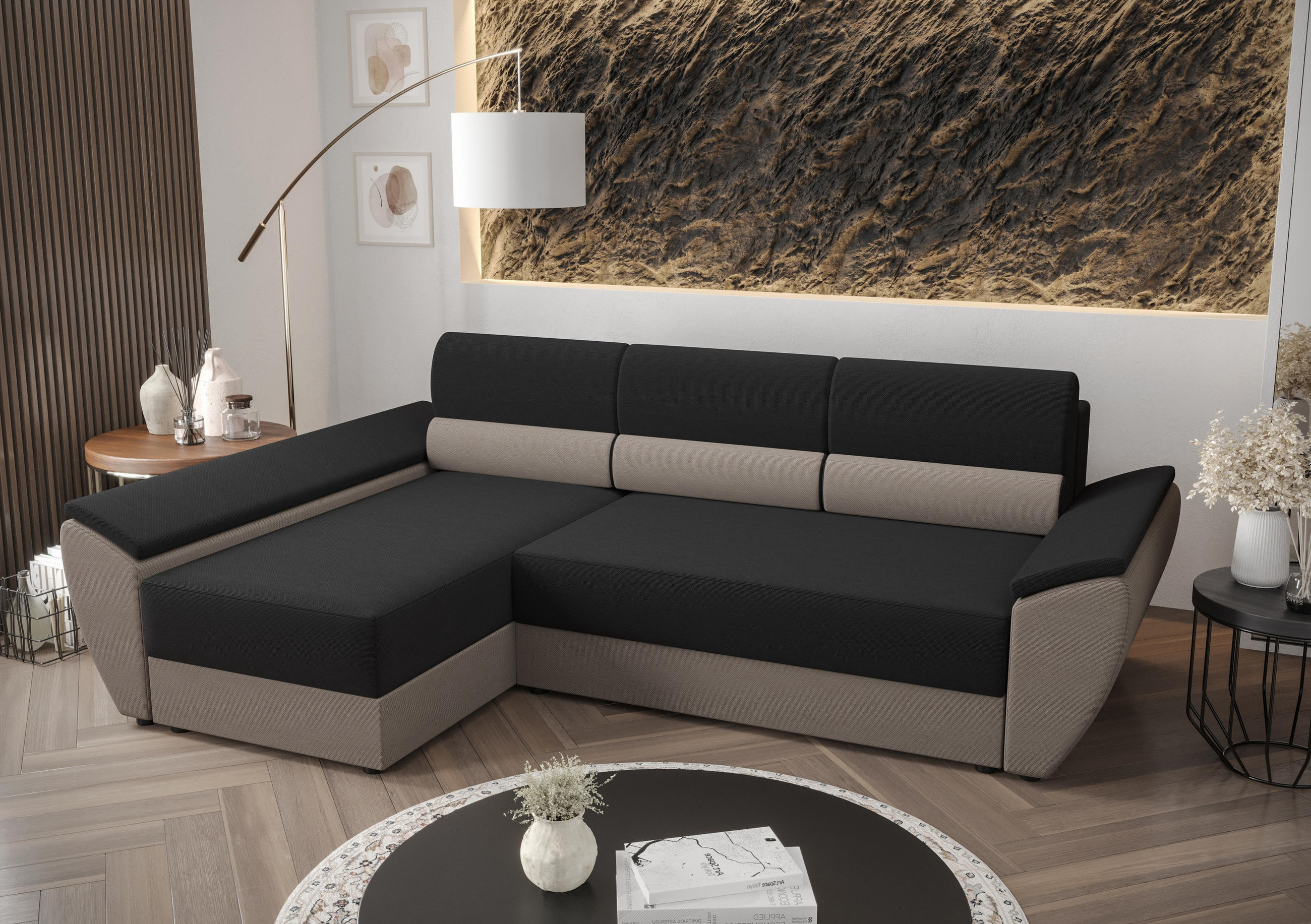 ECKSOFA L REBI L3 Rainbow 15/83 Links mit Schlaffunktion, Schwarz/Beige - Beige/Schwarz, Textil (251/140cm)