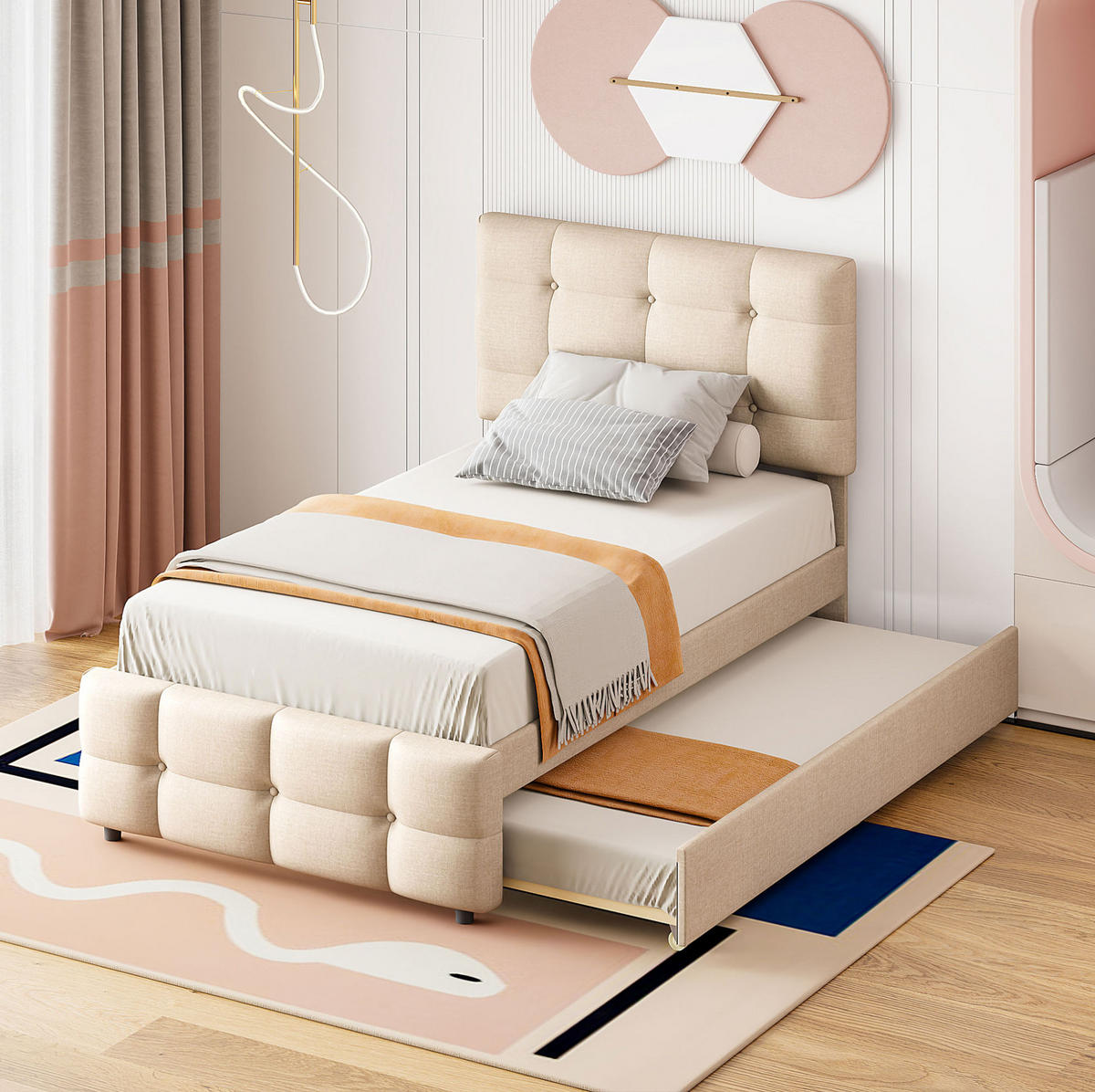 POLSTERBETT 90/200 cm Beige mit Ausziehbett und höhenverstellbarem Kopfteil - Beige, Textil (90/200cm) - BEAOK