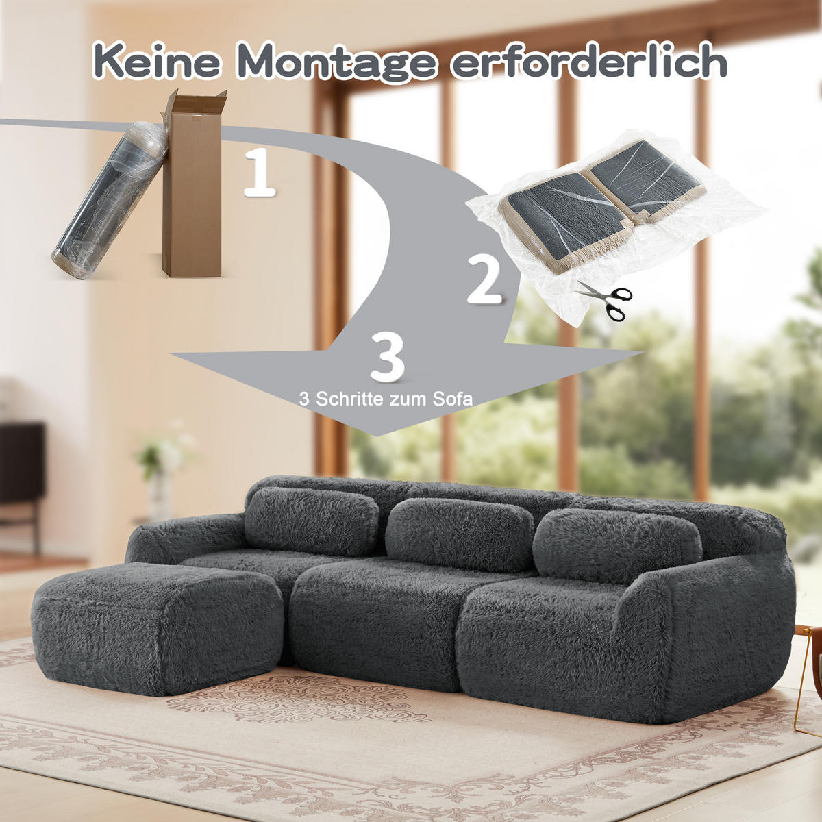 ECKSOFA 291/179/73 cm Grau Plüsch mit 1 Fußhocker und 2 kleinen Dekokissen - Grau, Textil (291/179cm) - Oxeza