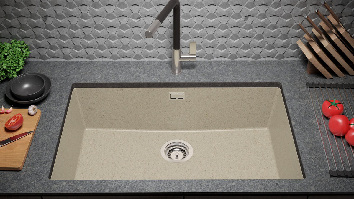 UNTERBAUSPÜLE GRANIT London, 2-er set Beige 76/47 cm 1 Becken + Küchenarmatur 40/20 cm + Ablauf-Set ab 80er Unterschrank - Beige, Kunststoff (76/20/47cm) - Primagran