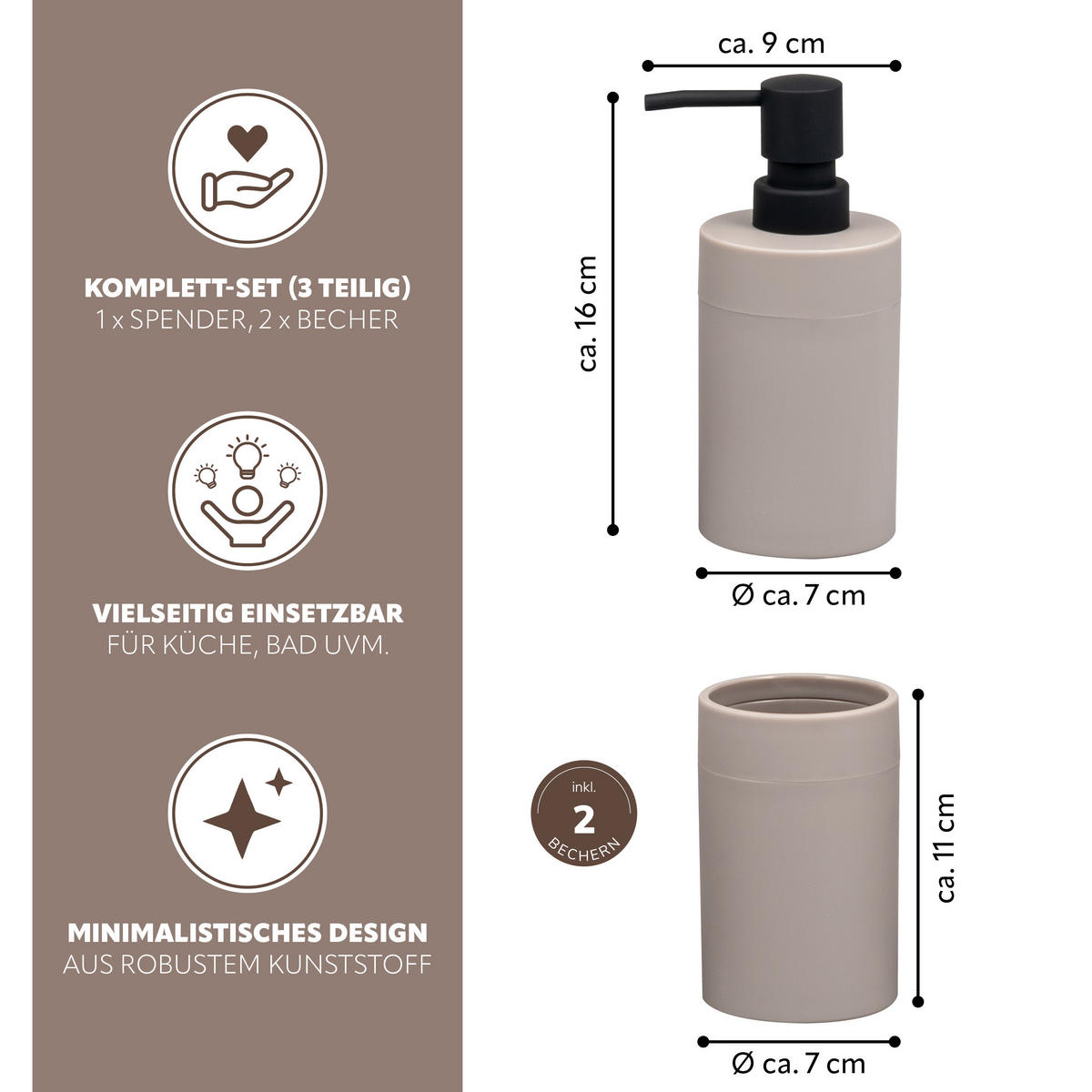 BADEZIMMER-SET SAVONA, Soft-Touch, taupe, rund - Taupe, Kunststoff (9/16/7cm) - bremermann