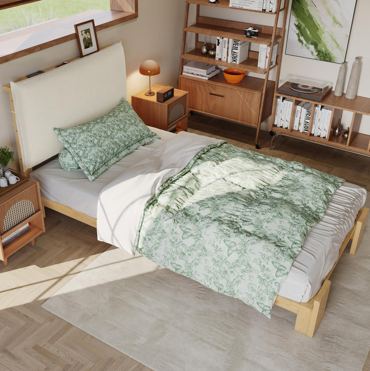 POLSTERBETT 90/200 cm Natur aus Holz und Stoff mit gepolsterter Rückenlehne - Naturfarben, Textil (90/200cm) - OKMYHOME