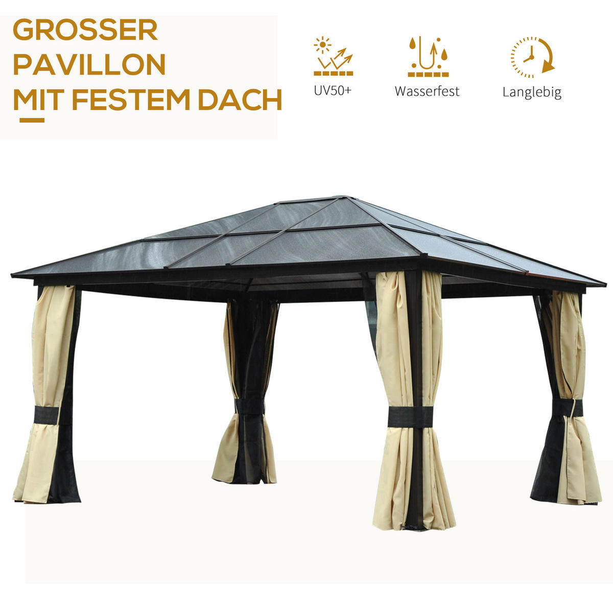 PAVILLON, Schwarz+Braun+Beige, Polyestergewebe(außen), Moskitonetz(innen) - Schwarz, Kunststoff (360/275/420cm) - Outsunny