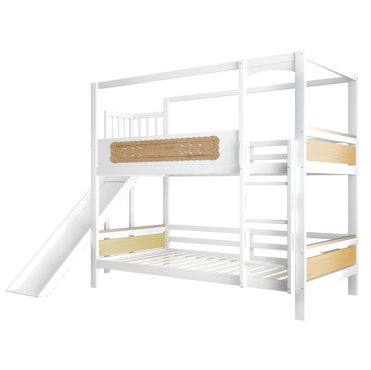 ETAGENBETT 90/200 cm mit Rutsche, breiter Sicherheitsleiter und Hausrahmen, Natur/Weiß - Naturfarben, Holzwerkstoff (90/200cm) - Redom