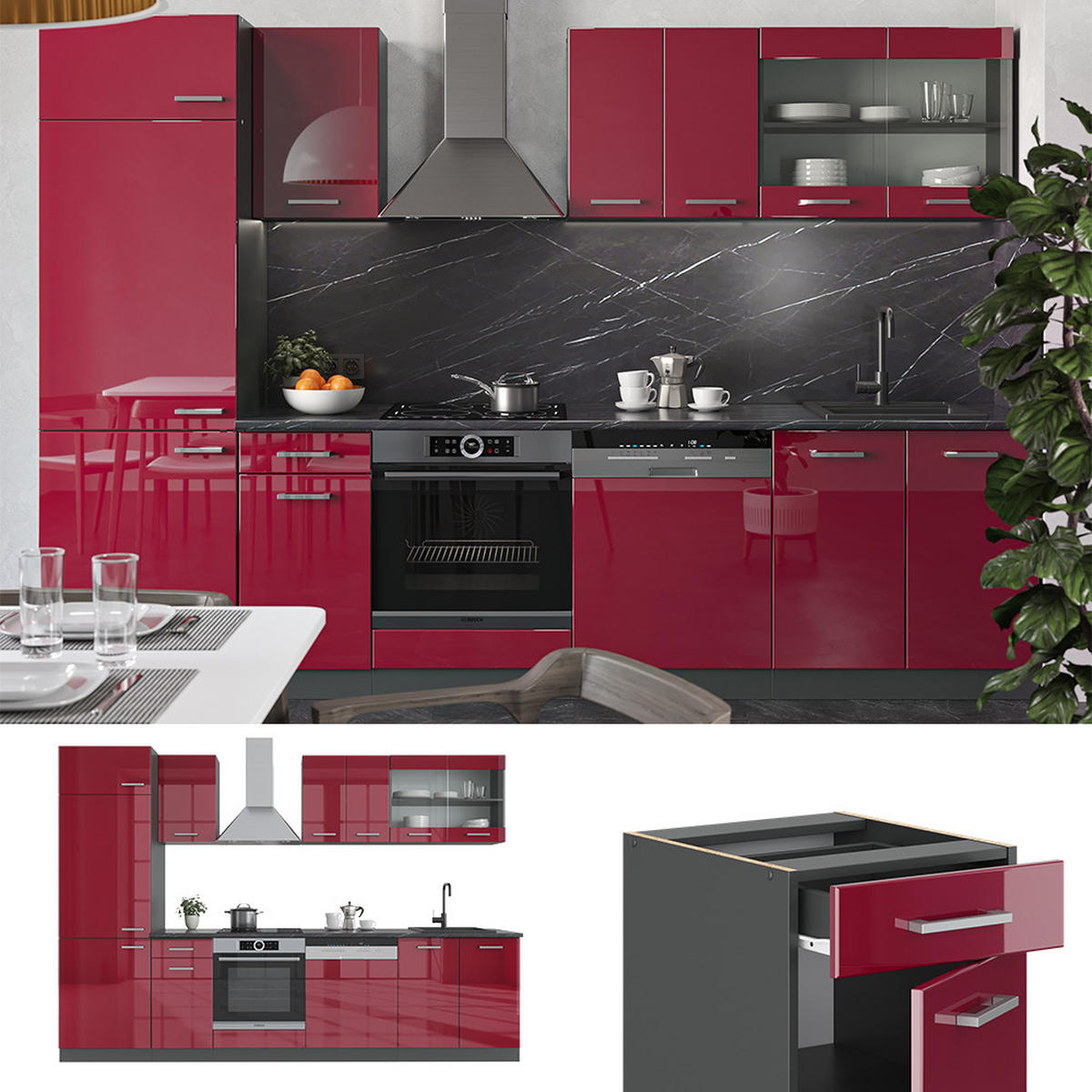 KÜCHENZEILE R-Line Rot Hochglanz/Anthrazit 300 cm, AP Eiche - Bordeaux/Anthrazit, Holzwerkstoff (300/81.6/60cm) - Vicco