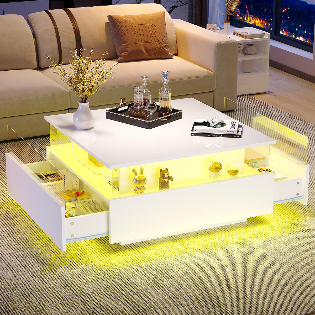 COUCHTISCH mit LED 70x70 cm Weiß mit 2 Schubladen - Weiß, Holzwerkstoff (70/70/41cm) - Meubliv