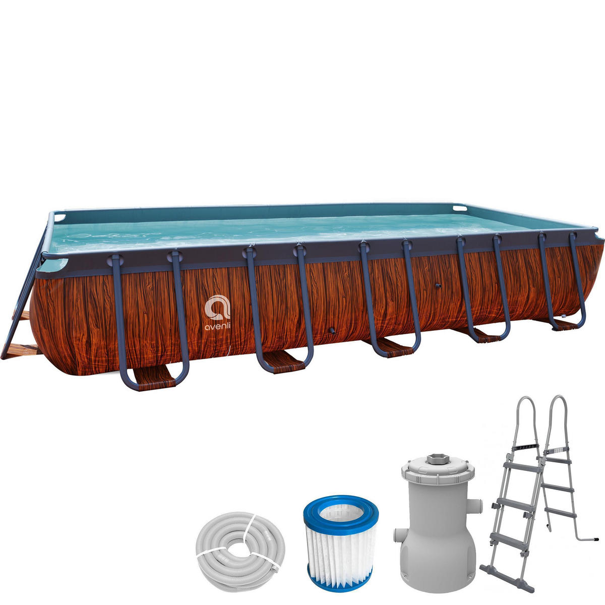 POOL Komplettset rechteckig 540 x 250 x 100 cm holzoptik mit Filterpumpe - Braun, Kunststoff/Metall (250/100/540cm) - Avenli