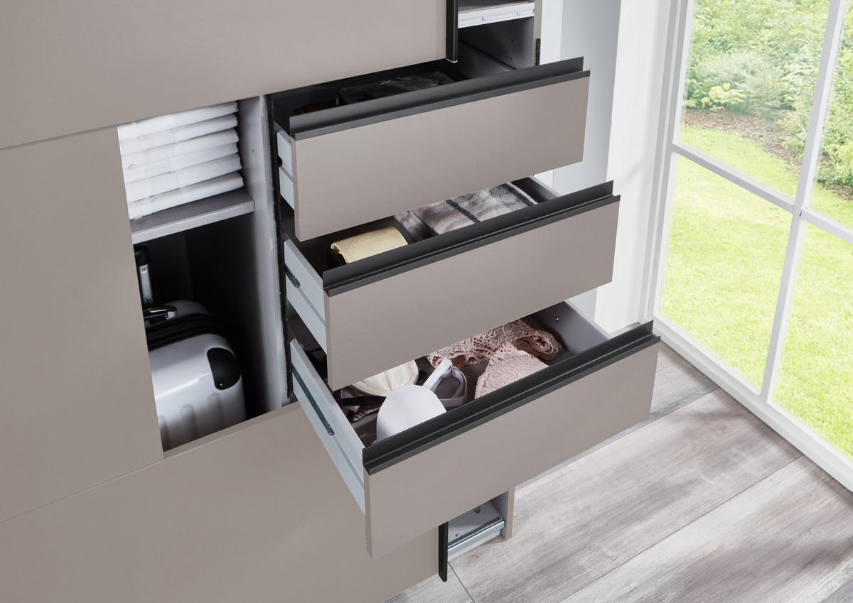 KLEIDERSCHRANK Saigon in Saharagrau mit einer Türfront in Glas Saharagrau – Schwebetürenschrank 3 türig - 270 cm Breite - Grau, Holzwerkstoff (80/200/120cm)