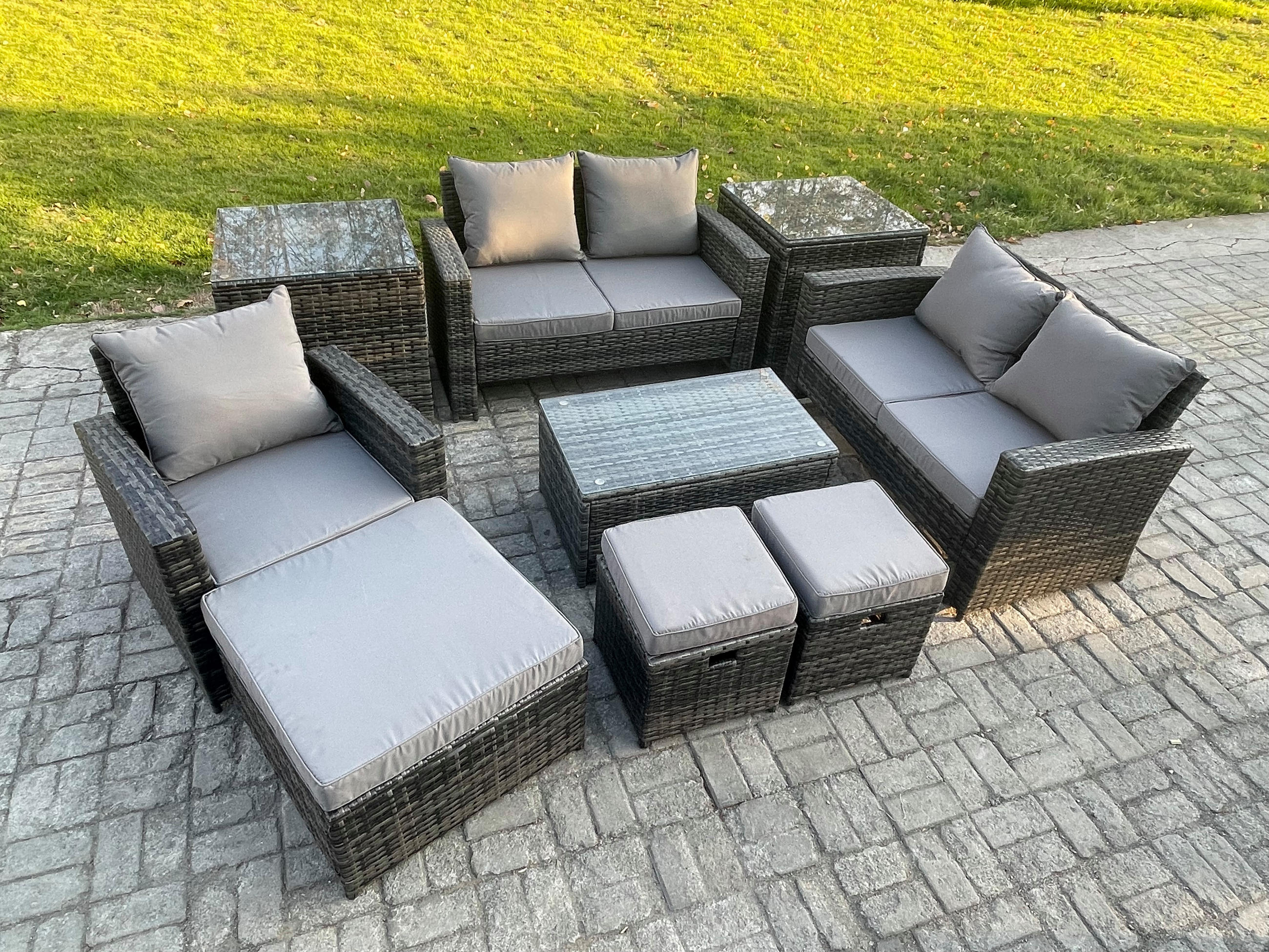 GARTENSOFA SET mit Couchtisch Polyrattan Dunkelgrau 8-Sitzer - Dunkelgrau, Metall - Fimous