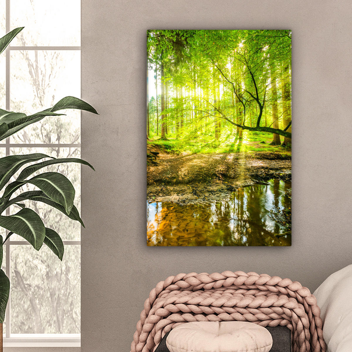 LEINWANDBILD Wald - Landschaft - Wasser - Bäume - Sonne - Grün - Natur 60x90 cm - Grün, Textil (60/90cm) - MuchoWow