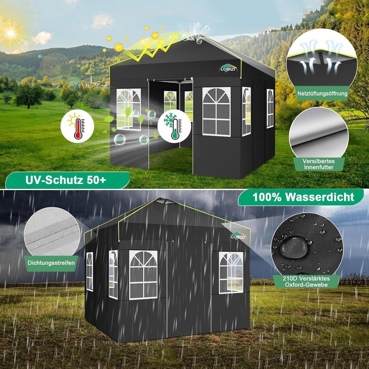 FALTPAVILLON 3x3m mit Seitenwänden wasserdicht UV-Schutz 3 Höhen verstellbar Schwarz - Schwarz, Textil (300/298.2/300cm)