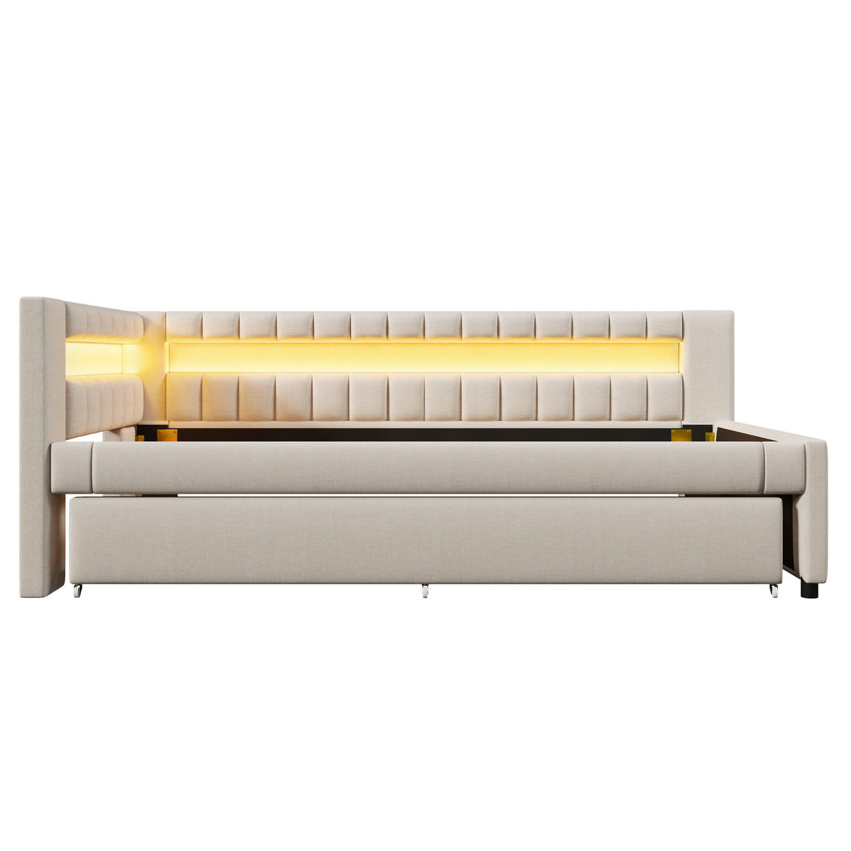 POLSTERBETT aus Leinen 90x200 cm in Beige mit Ausziehbett, LED & USB-Type-C - Beige, Textil (90/200cm) - Modfu