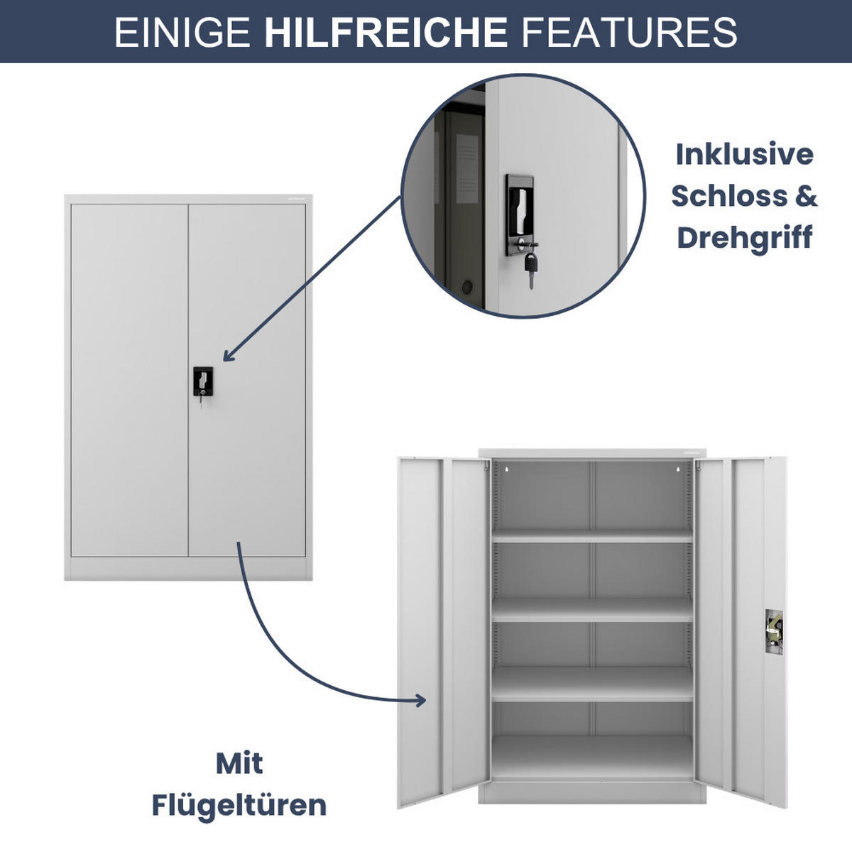 AKTENSCHRANK abschließbar KADO Flügeltüren 140x90x60cm Grau - Grau, Metall (90/140/60cm) - DELUKE