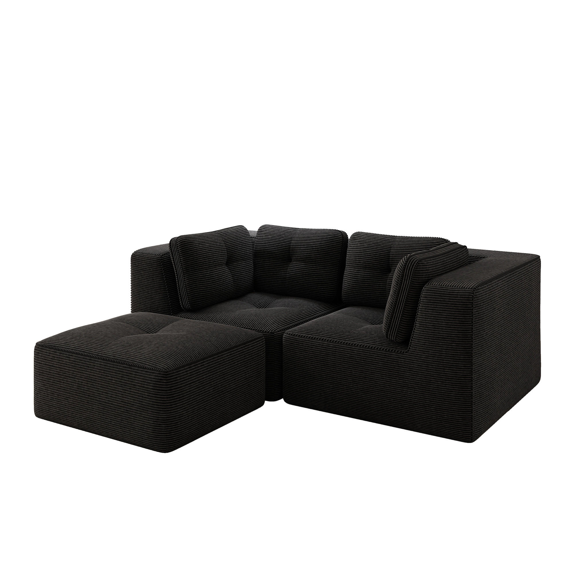 ECKSOFA Cord Schwarz mit Kissen und Hocker - Schwarz, Textil (208/177cm) - WISHDOR