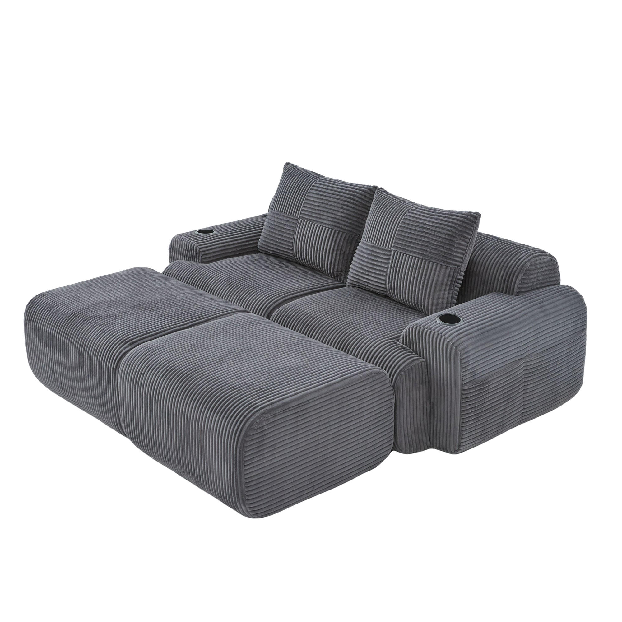 MODULARES 2-Sitzer Sofa Cordstoff mit Getränkehalter und Seitentasche 200/174/80 cm Dunkelgrau - Dunkelgrau, Textil (174/80/200cm) - Redom