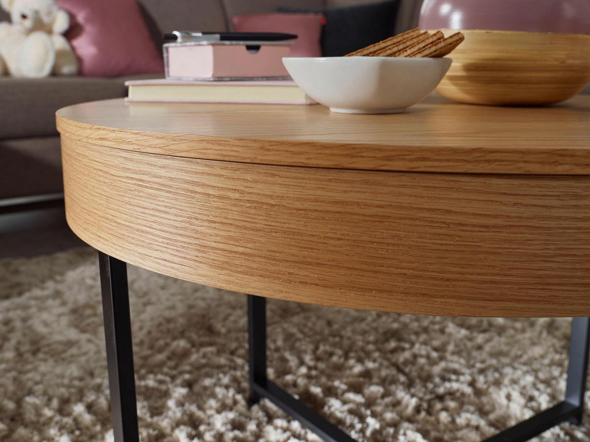 COUCHTISCH in Holzoptik mit Metallbeinen, Rund, Stauraumfunktion, Maße 69x49x69 cm - Schwarz/Braun, Holz/Metall (69/69/49cm) - KADIMA DESIGN