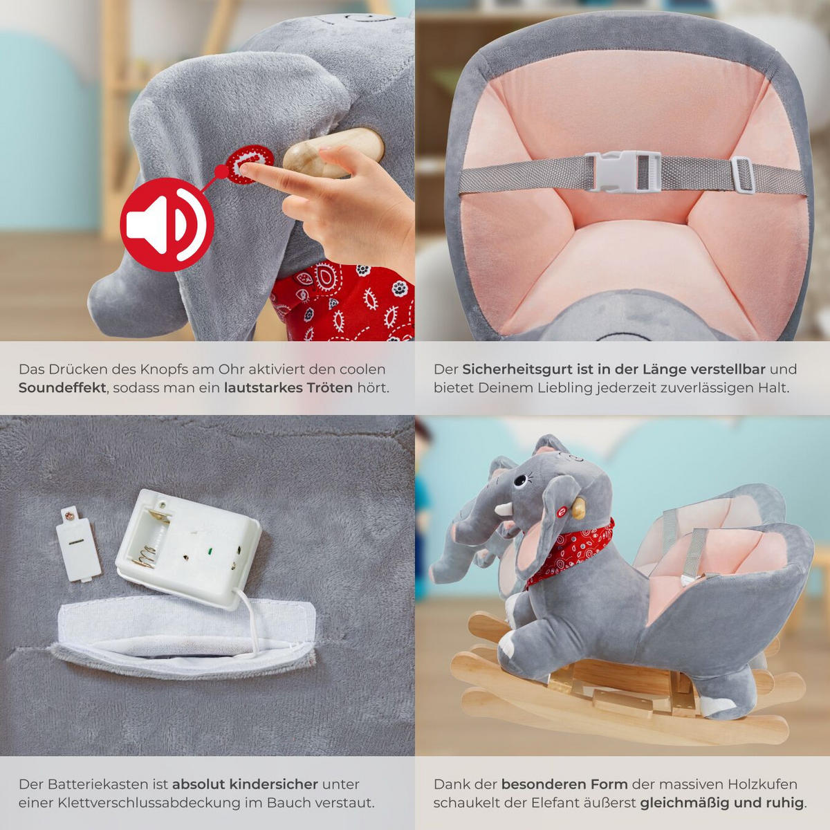 SCHAUKELTIER Elefant, massive Holzkufen, ab 12 Monaten geeignet, grau - Grau, Kunststoff (33/45.5/63cm) - tectake