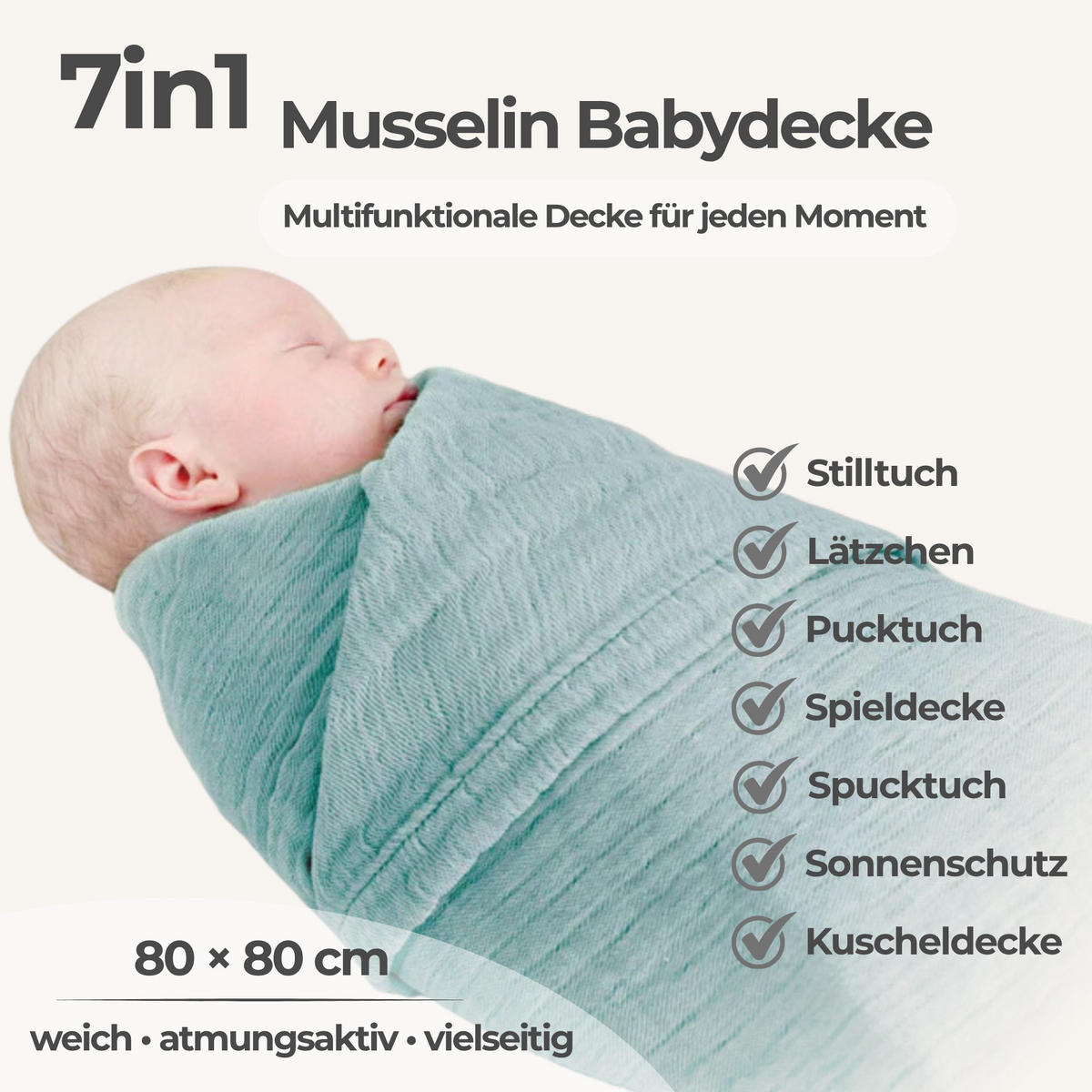 MUSSELINDECKE Babydecke Stilltuch Einschlagdecke Säuglingsdecke Mulltuch ab Geburt - Petrol, Textil (80/80cm) - nordic coast company