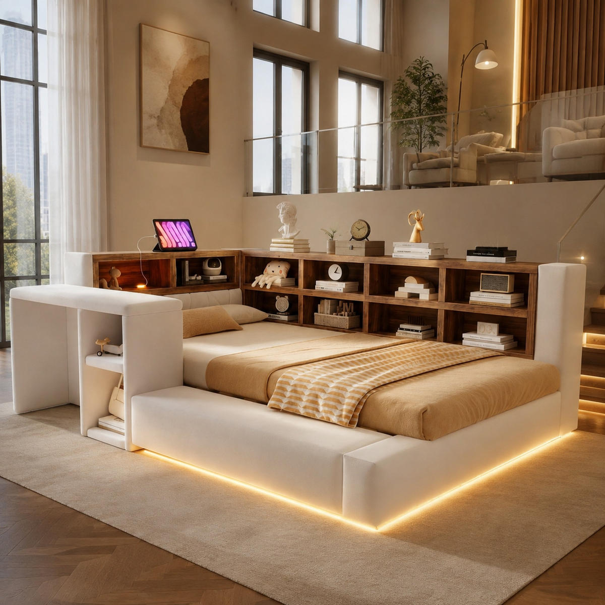 POLSTERBETT 90/200 mit LED, Steckdosen und Stauraum im Kopfteil in Beige - Beige, Holzwerkstoff/Textil (90/200cm) - EVRYAE