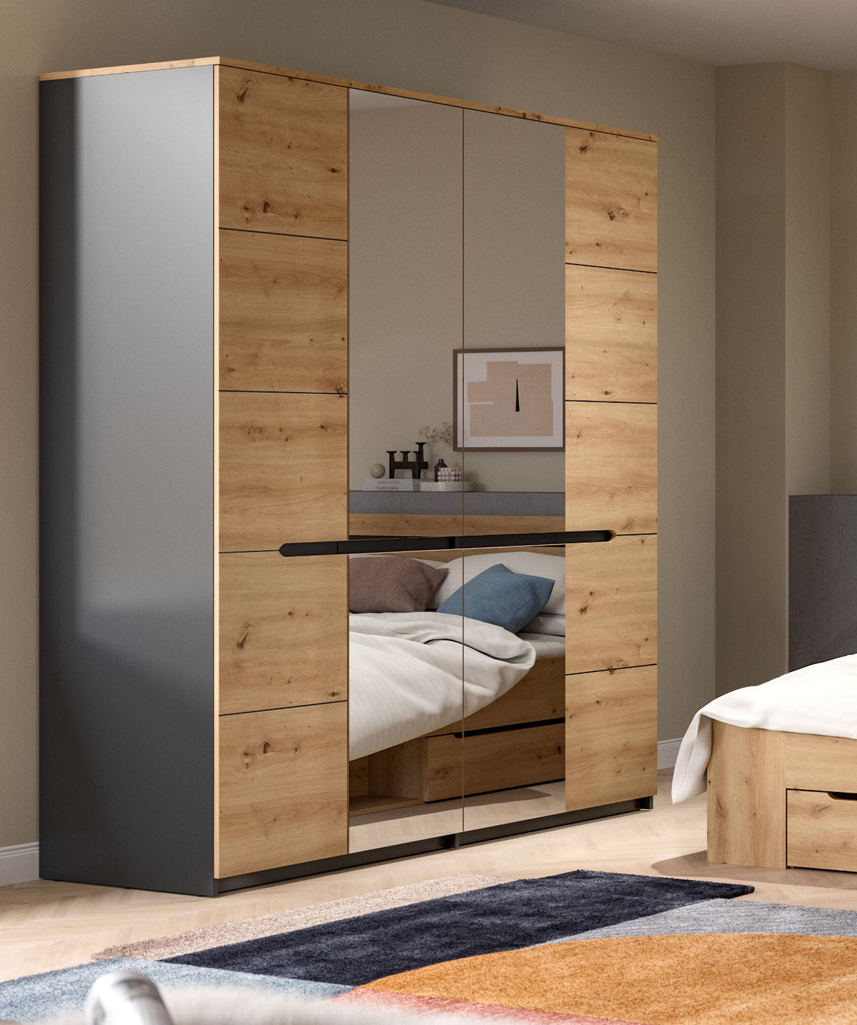 KLEIDERSCHRANK Eiche Artisan, grau 4-türig 180 cm, Drehtürenschrank mit Soft-Close und Spiegel - Eiche Artisan/Grau, Glas/Holzwerkstoff (180/198/59cm) - Inn.Furn