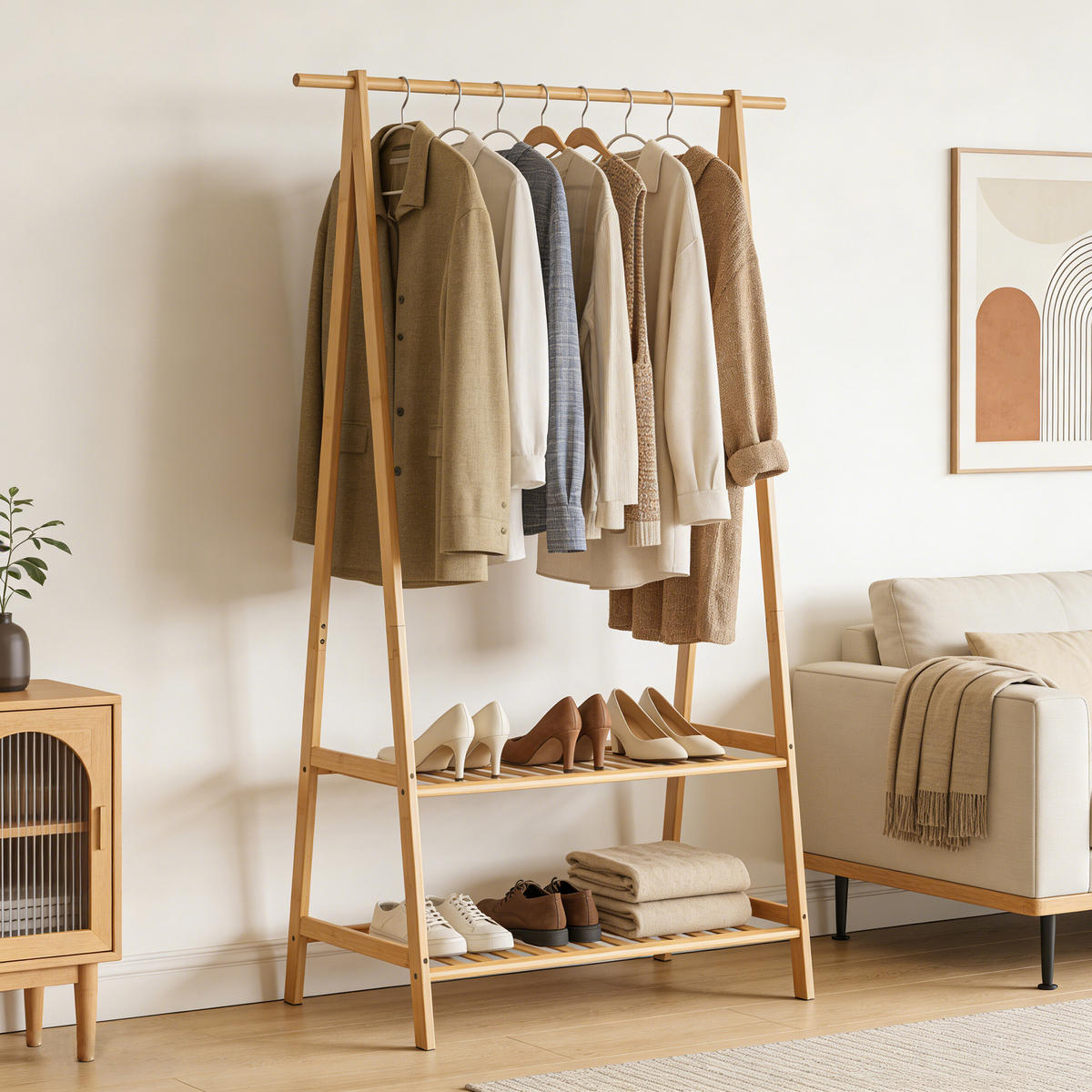 KLÄDSTÄLLNING Naturell bambu 2 hyllplan 152x70x43 cm - Ljusbrun, Trä (70/152/43cm) - Relaxdays