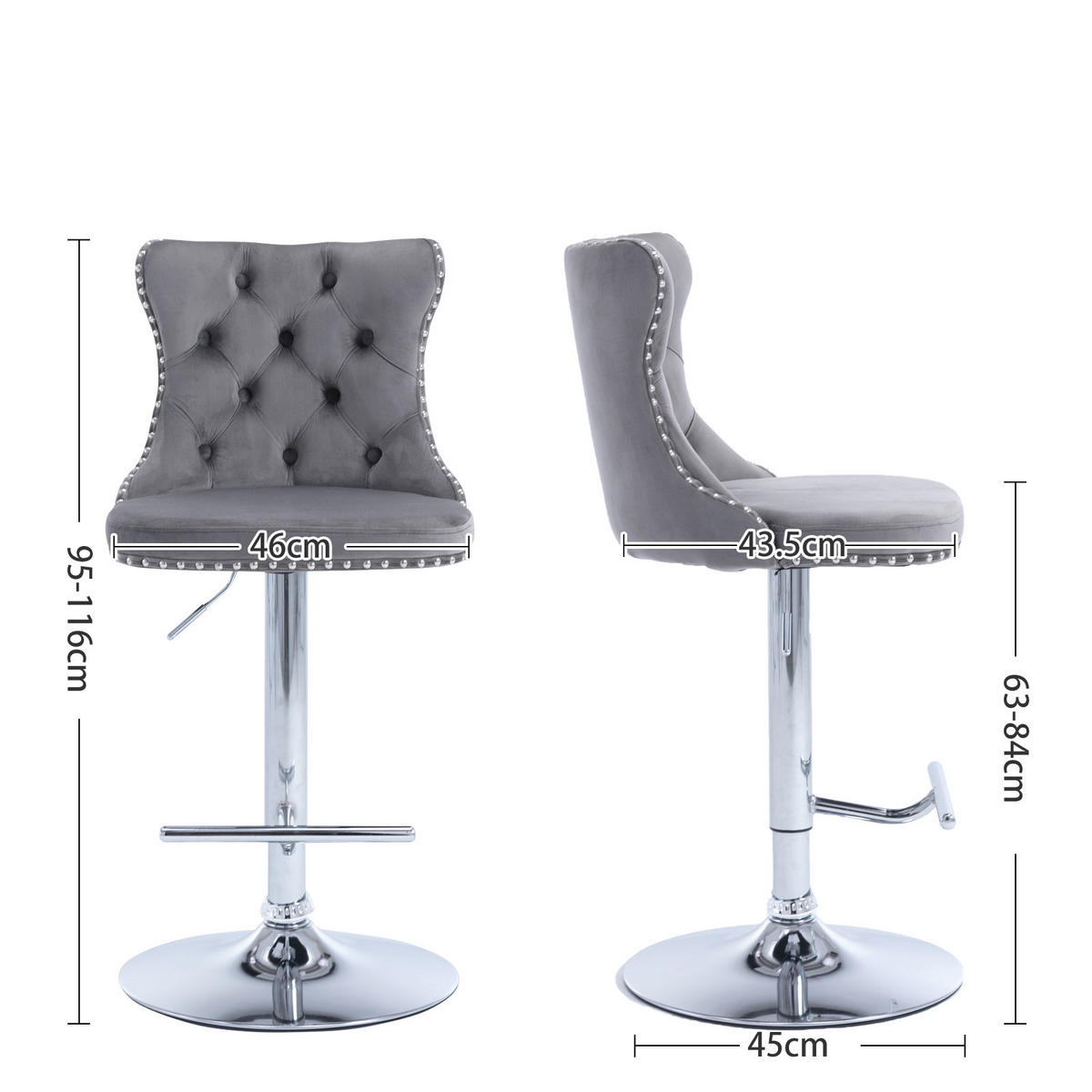 BARHOCKER 2er-Set höhenverstellbar mit Samtbezug, Grau - Grau, Textil (46/115/46cm)