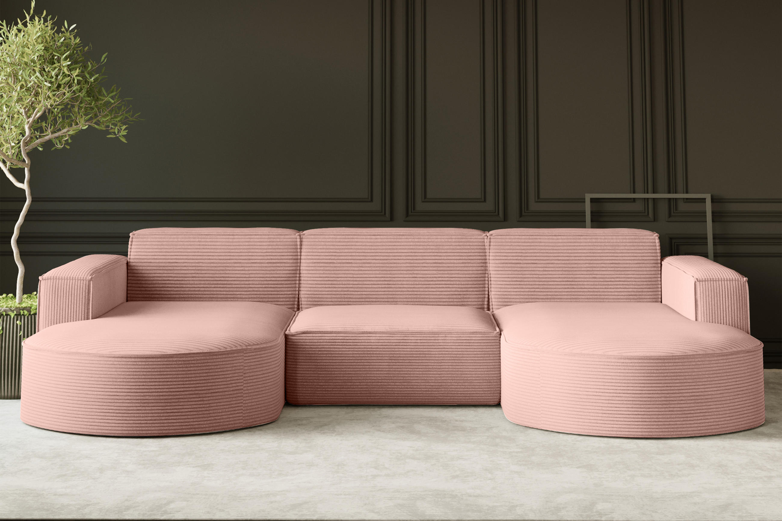 ECKSOFA Designer MODENA U STUDIO Stoff Dicker Cord Rosa - Rosa, Holz (165/299cm) - Kaiser Möbel