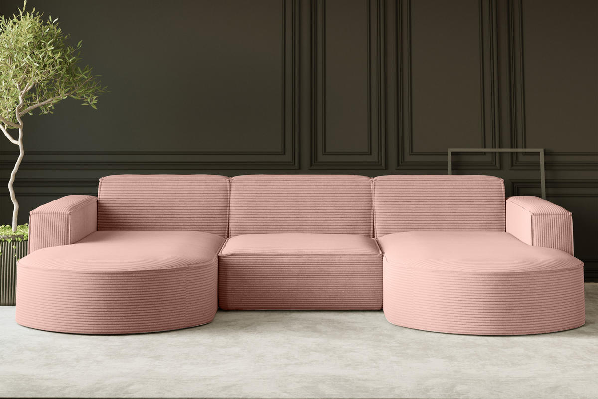ECKSOFA Designer MODENA U STUDIO Stoff Dicker Cord Rosa - Rosa, Holz (165/299cm) - Kaiser Möbel