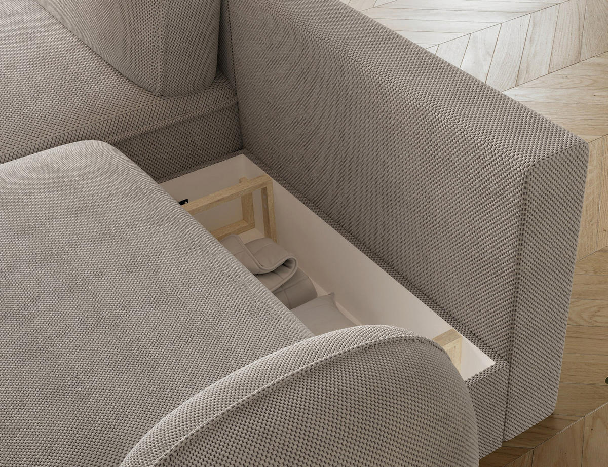 ECKSOFA TESALIA L-Form – Schlaffunktion, Bettkasten, Wellenfederung, HR-Kaltschaum, minimalistisches Design - Champagner, Kunststoff (247/150cm) - Wohnideebilder